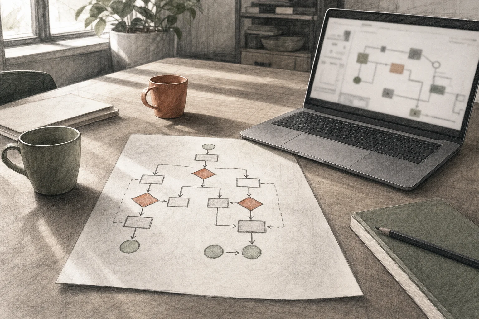 Handgezeichnetes Ablaufdiagramm eines Büroprozesses mit markierten Entscheidungspunkten neben einem Laptop auf einem Besprechungstisch